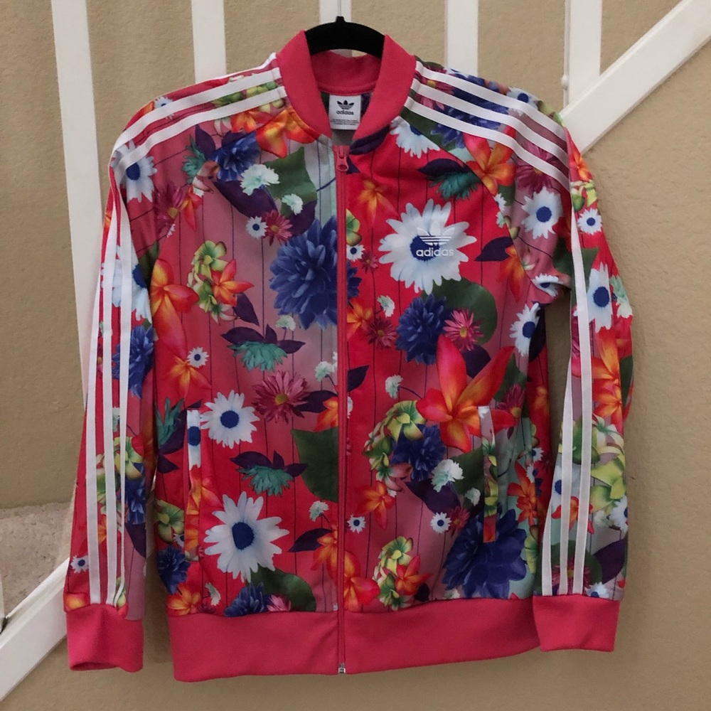 adidas Kids Floral Track Jacket in Pink with Multicolor Flowers